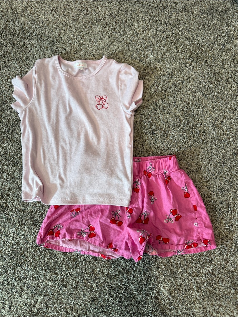 Colsie Light Pink Short Sleeve Top with Bright Pink Cherry-Print Shorts